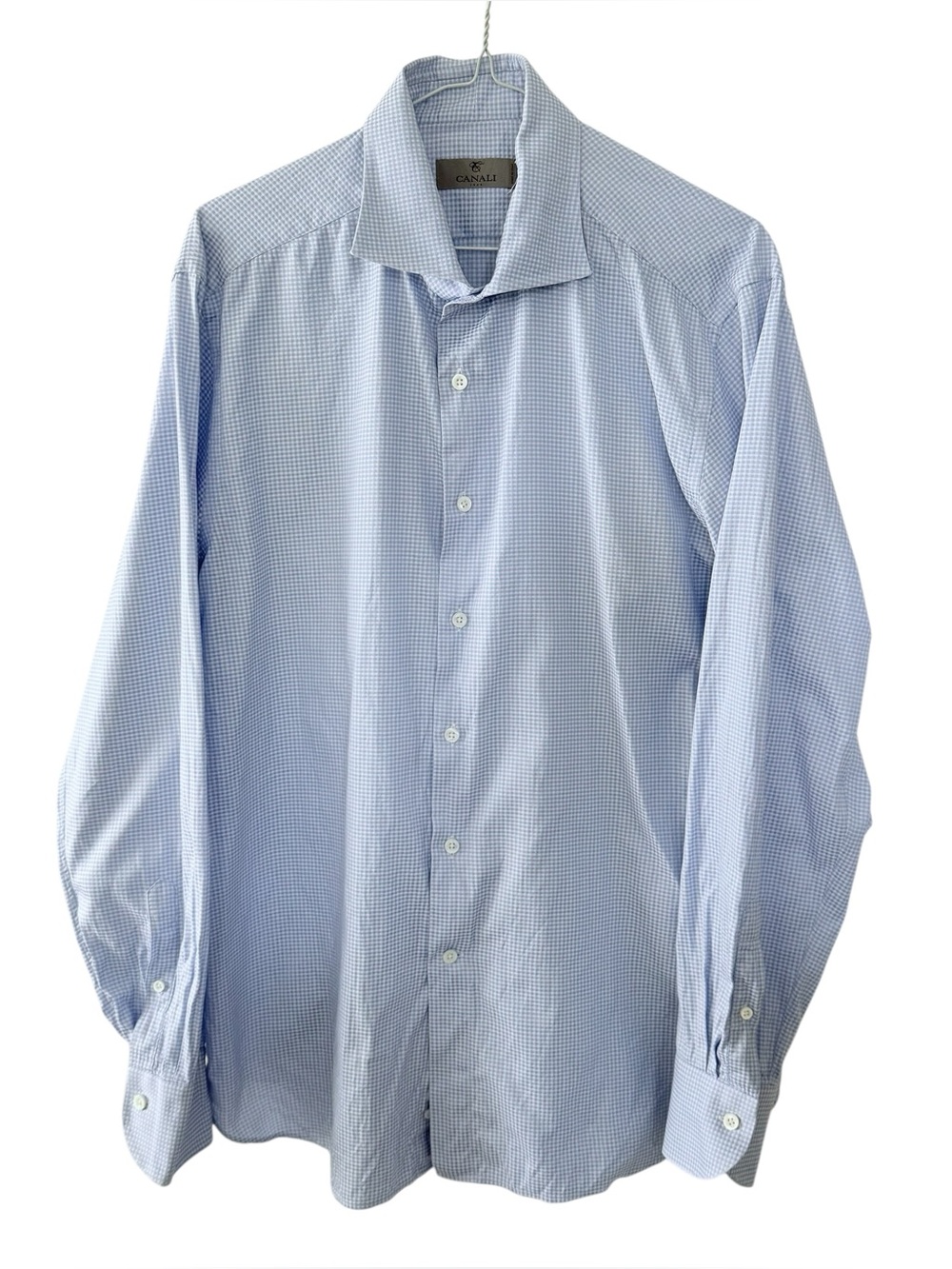 CANALI Dress Shirt Button Up Blue & White Checked Men’s Size 17.5 100% Cotton